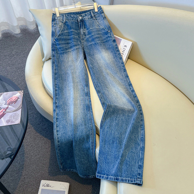 2025秋季新款修身显瘦拖地裤美式复古低腰弹力微喇牛仔裤女深蓝色