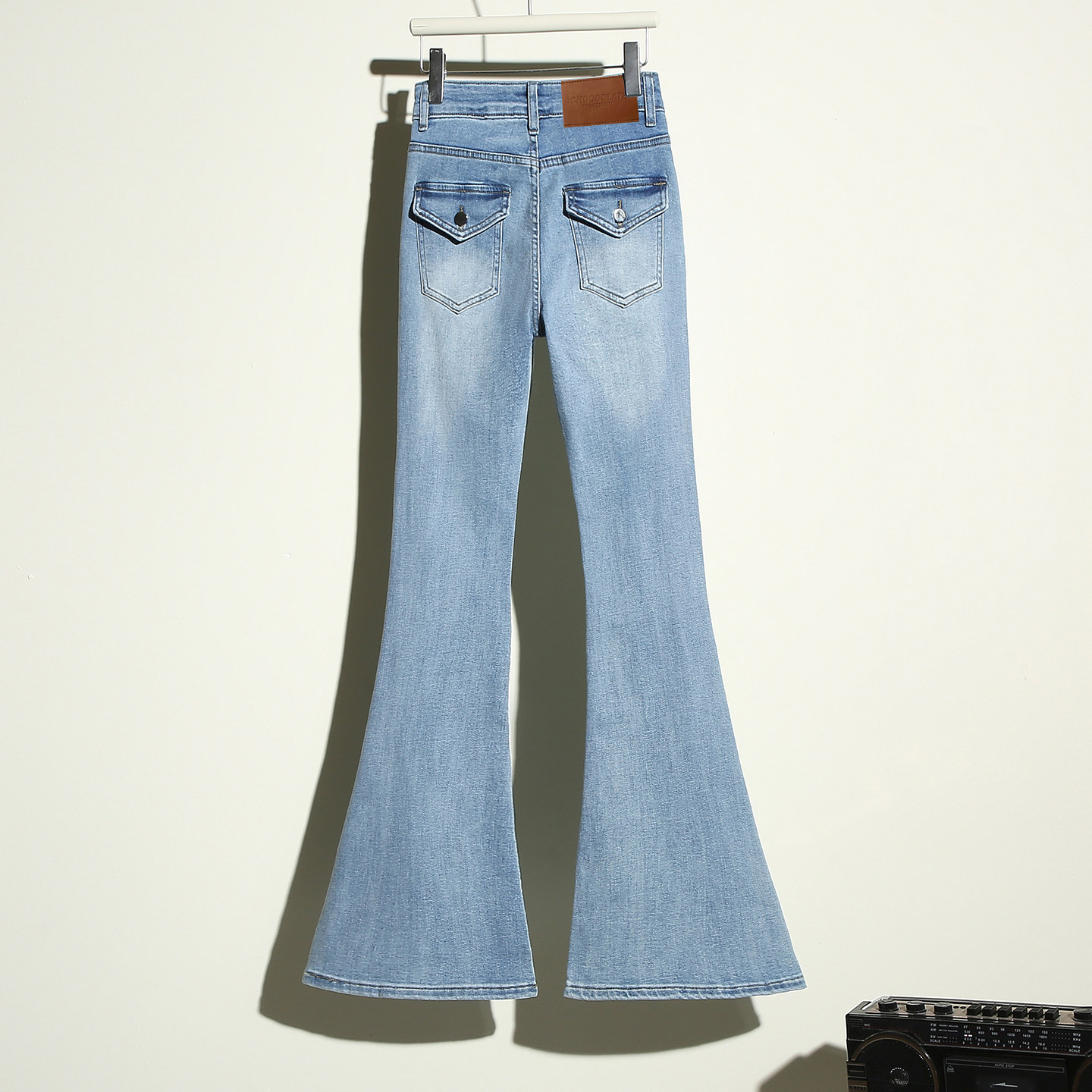 it :CHOCOOLATE浅蓝紧身微喇牛仔女高腰修身显瘦弹力设计感喇叭裤