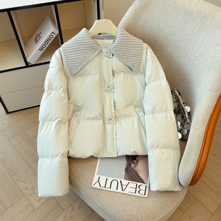 休闲风针织翻领羽绒服女2025新款米白色加厚保暖面包服棉服外套