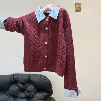 韩版假两件麻花针织开衫毛衣上衣