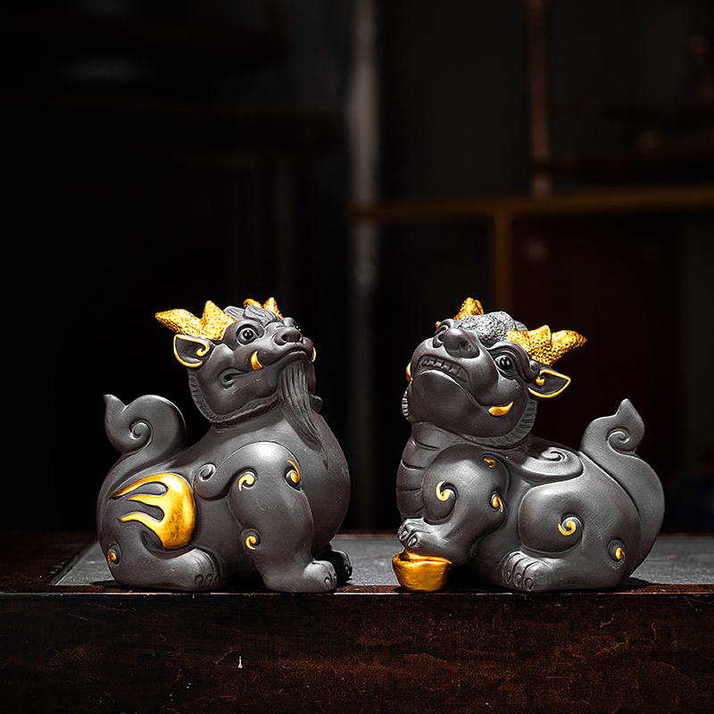 原矿紫砂招财貔貅公母一对茶宠摆件送福镇宅风水神兽茶具茶盘配件