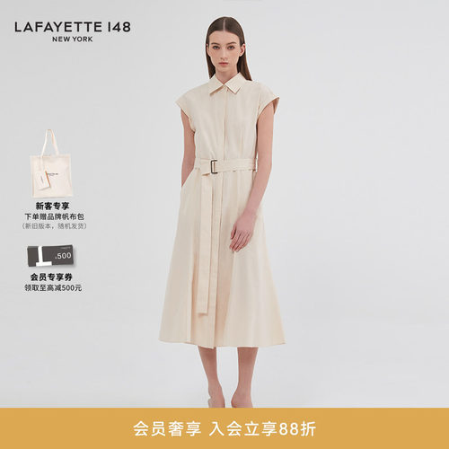 LAFAYETTE148/拉飞逸100%棉舒适透气A字型衬衫连衣裙系带无袖裙