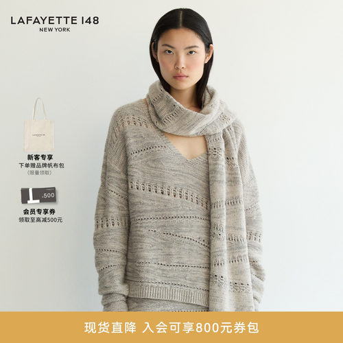 LAFAYETTE148/拉飞逸羊绒混纺斜裁V领镂空针织衫套头宽松圆领上衣