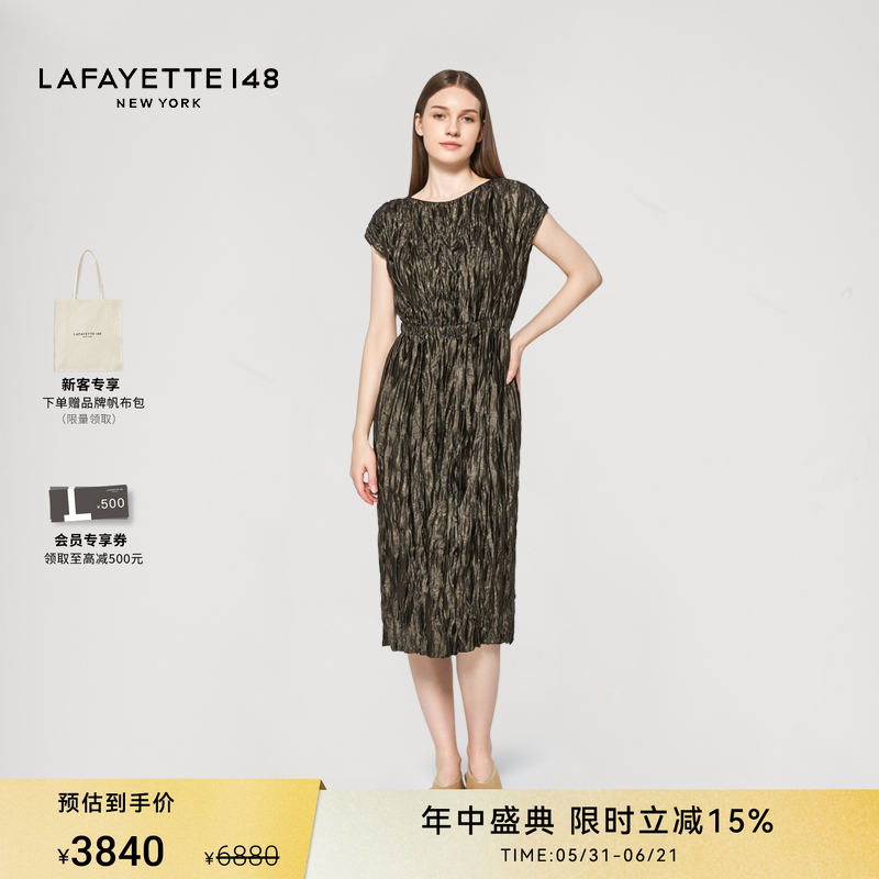 LAFAYETTE148/拉飞逸金属色束腰压褶超弹舒适连衣裙修身型中长裙