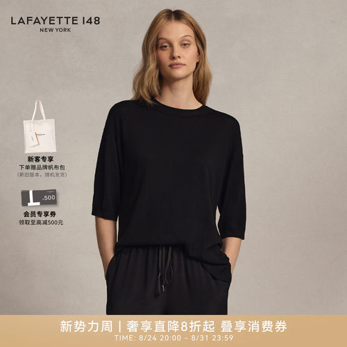 LAFAYETTE148/拉飞逸落肩圆领半袖羊毛针织上衣休闲基础款套头衫