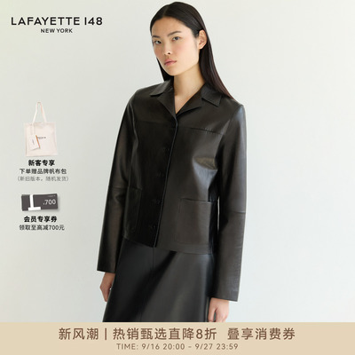 LAFAYETTE148/拉飞逸翻领贴袋羊皮皮质夹克外套直筒型长袖短外套