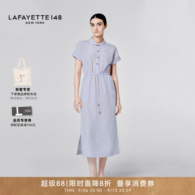 亚麻抽绳收腰连衣裙衬衫连衣裙
