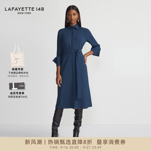 LAFAYETTE148/拉飞逸通勤高质感长袖衬衫POLO领修身型简约连衣裙