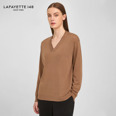 【26春夏新款】LAFAYETTE148/拉飞逸落肩V领长袖针织衫