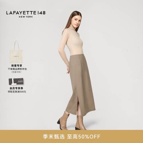 LAFAYETTE148/拉飞逸轻薄弹力棉羊毛侧叉中长款半裙