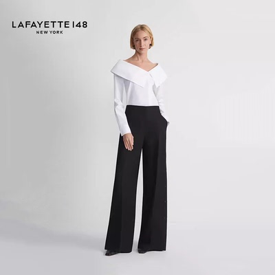 LAFAYETTE148/拉飞逸粘麻斜纹呢纽扣开叉阔腿裤