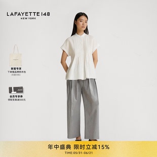LAFAYETTE148/拉飞逸蓬感亚麻褶饰短袖衬衫简约立领宽松休闲上衣