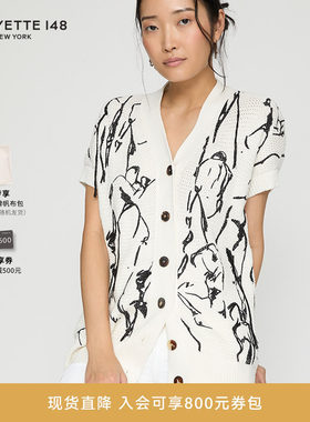 LAFAYETTE148/拉飞逸素描绣花流苏短袖纽扣V领女装针织开衫上衣