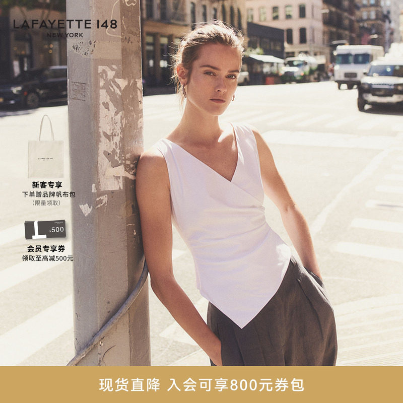 LAFAYETTE148/拉飞逸斜裁修身褶饰棉弹力无袖衬衫
