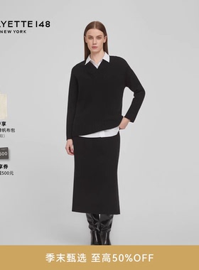 LAFAYETTE148/拉飞逸小V领宽松落肩羊绒针织上衣黑色