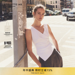 LAFAYETTE148/拉飞逸斜裁修身褶饰棉弹力无袖衬衫