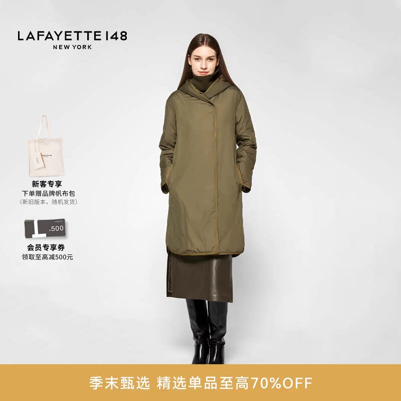 LAFAYETTE148/拉飞逸 中长款不对称连帽鹅绒大衣暗扣廓形长外套