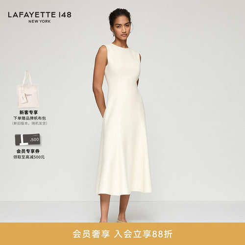 LAFAYETTE148/拉飞逸小香风结圈毛呢收腰A字连衣裙修身型无袖圆领