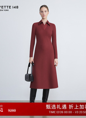 LAFAYETTE148/拉飞逸羊毛绉呢V领A字伞裙连身裙