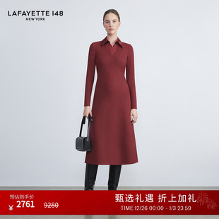 LAFAYETTE148 拉飞逸羊毛绉呢V领A字伞裙连身裙