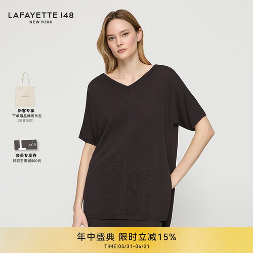 LAFAYETTE148/拉飞逸H型V领丝光棉混纺针织上衣