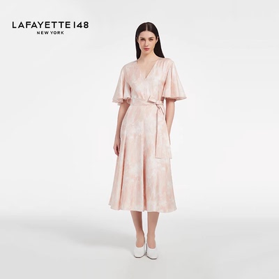 LAFAYETTE148/拉飞逸V领束带荷叶边袖修身连衣裙