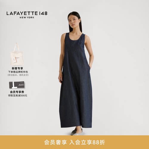 LAFAYETTE148/拉飞逸轻薄高腰微茧型牛仔连衣裙圆领日常无袖