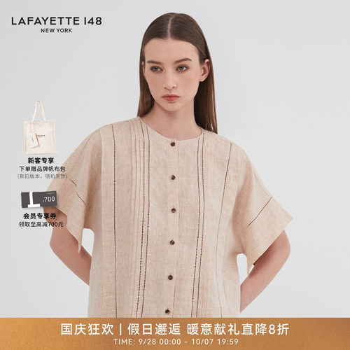 LAFAYETTE148/拉飞逸宽松亚麻捏褶圆领短袖衬衫复古典雅镂空