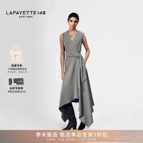 LAFAYETTE148/拉飞逸千鸟格V领裹身斜裁下摆连衣裙优雅无袖收腰裙