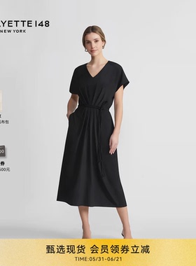 LAFAYETTE148/拉飞逸桑蚕丝收腰落肩袖连衣裙连肩袖收腰V领A字裙