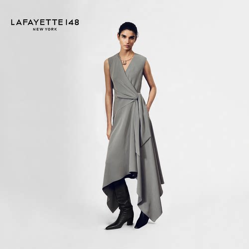 LAFAYETTE148/拉飞逸千鸟格V领裹身斜裁下摆连衣裙优雅无袖收腰裙