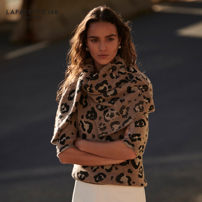 【26春夏新款】LAFAYETTE148/拉飞逸豹纹圆领羊绒针织开衫上衣