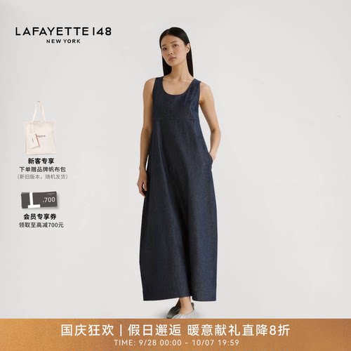 LAFAYETTE148/拉飞逸轻薄高腰微茧型牛仔连衣裙圆领日常无袖