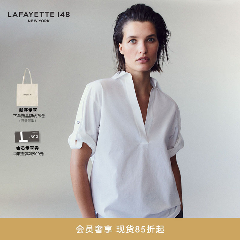 LAFAYETTE148/拉飞逸高支高密棉府绸H型卷袖衬衫精致复古通勤上衣