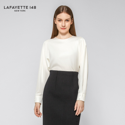 LAFAYETTE148/拉飞逸褶饰弹力真丝圆领衬衫