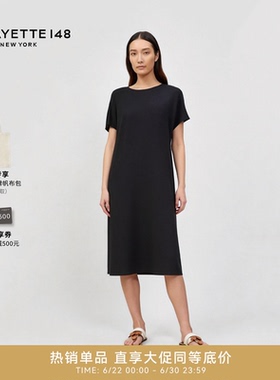 LAFAYETTE148/拉飞逸一字领宽松舒适落肩连衣裙黑色优雅中长裙