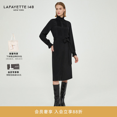 LAFAYETTE148/拉飞逸弹力真丝双绉细褶系带连衣裙修身优雅型上衣