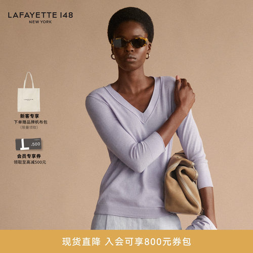 LAFAYETTE148/拉飞逸七分袖轻薄V领针织山羊绒上衣套头休闲风长袖