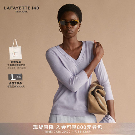 LAFAYETTE148/拉飞逸七分袖轻薄V领针织山羊绒上衣套头休闲风长袖