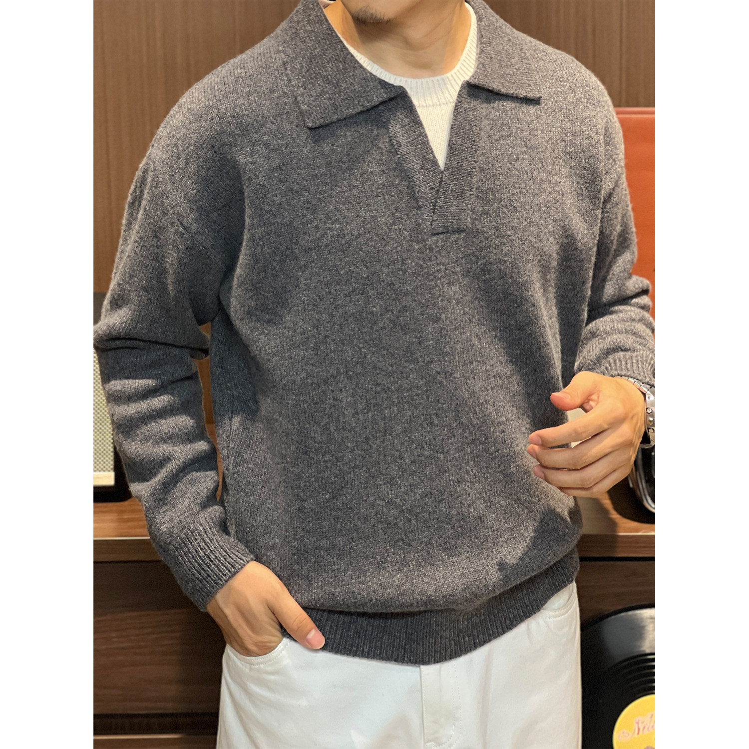 MKLR·盟珂利尔 山羊绒针织假两件POLO领翻领秋冬羊毛保暖上衣