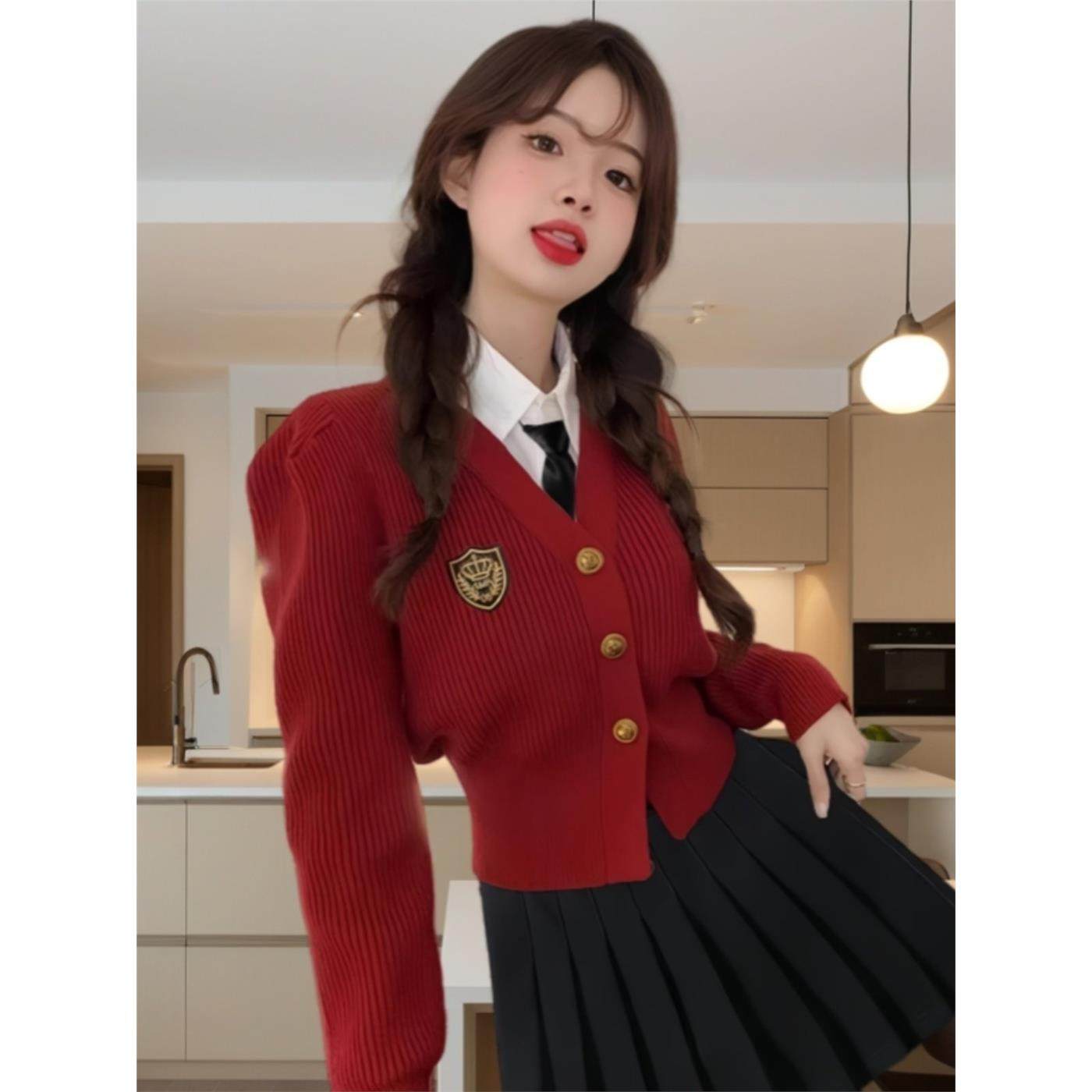 本年命红色毛衣开衫针织外套女2025新款秋冬季小香风短上衣jk套装