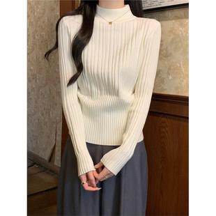 韩版小个子气质坑条毛衣内搭女冬季加厚半高领针织上衣收腰打底衫