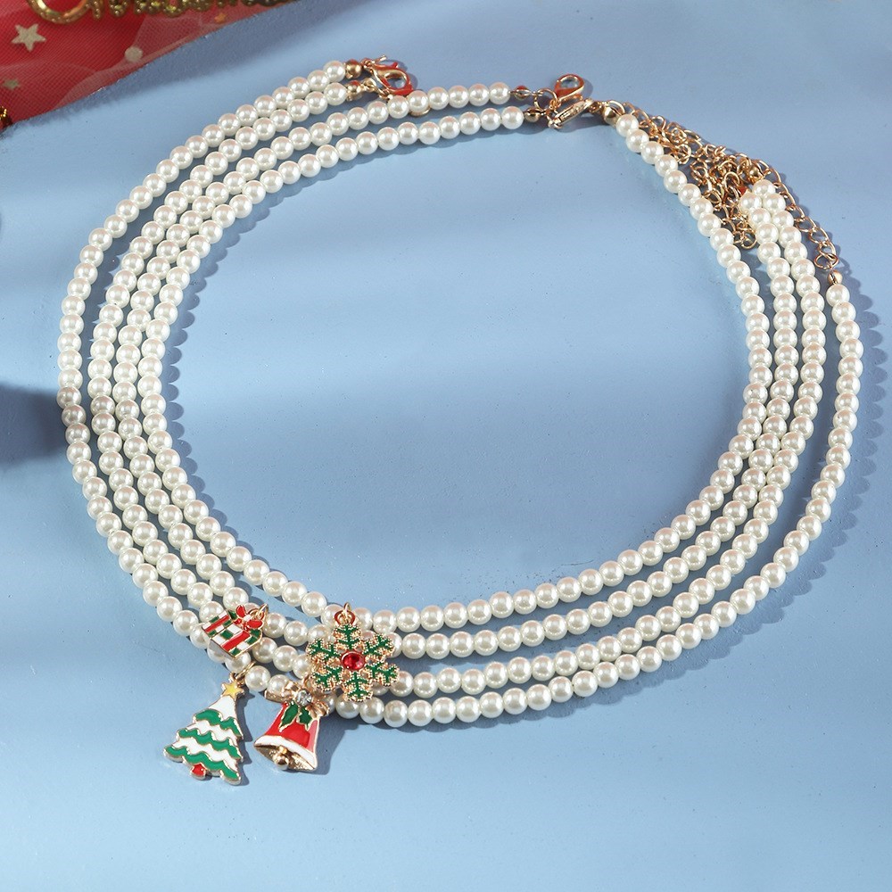 temperament pearl christmas snowflake bell  tree necklace