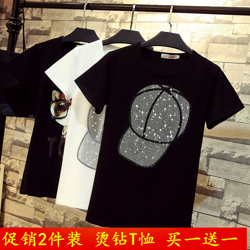 夏季女装黑白色烫钻短袖t恤女半袖2019新款 欧货修身显瘦纯棉体恤|ruв категории Женская одежда, женской одежды - от Buy2taobao.com для оказания профессиональной услуги покупки агента Taobao