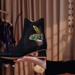 刺绣小羊皮里鞋 重磅香云纱拼宋锦彩蝶 Lucky 子 Real