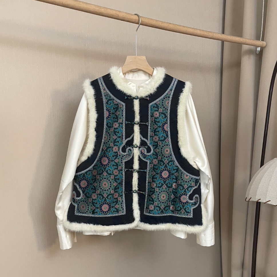 【Real/Lucky】-名家上久楷/骆驼绒拼水貂领织金宋锦马甲/试穿L