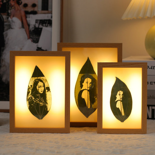 树叶雕刻灯光相框人物照片剪纸装 裱摆台植物树叶标本框送女友礼物