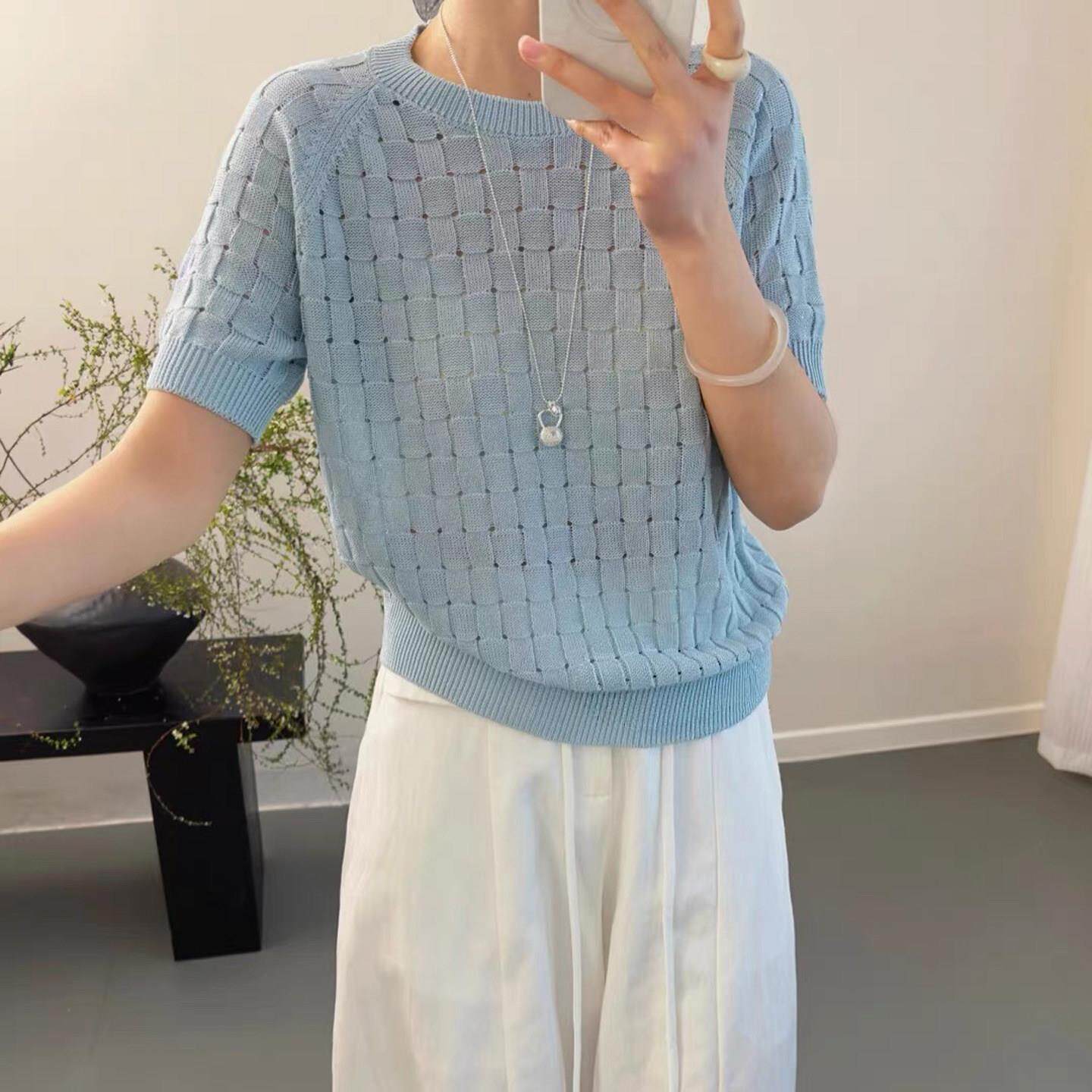 天丝亚麻镂空薄款短袖针织T恤女