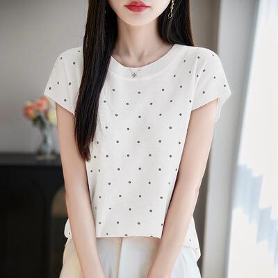 夏季圆领波点短袖针织T恤女