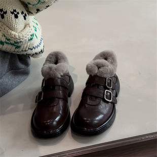 小众英伦风双皮带毛毛鞋2025年秋冬新款加绒小皮鞋粗跟单鞋女棉鞋